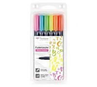 Tombow Marqueur Fudenosuke à Pointe Pinceau Dure à Encre à Base D´eau étui De 6 Couleurs Fluo