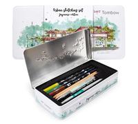 Tombow Set Urban Sketching Japan Edition, matériel d'artiste de haute qualité & instructions, Brush Pens & Waterbrush pour aquarelle, boîte de rangement en métal [URBAN-SET2]