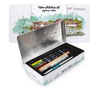 Tombow Set Urban Sketching Japan Edition, matériel d'artiste de haute qualité & instructions, Brush Pens & Waterbrush pour aquarelle, boîte de rangement en métal [URBAN-SET2]