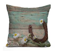Tomda Housse de coussin rustique avec fer à cheval rouillé et marguerites sur de vieilles planches en bois avec espace de copie sur le dessus 45 x 45 cm carré avec fermeture éclair dissimulée pour la