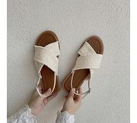 TOMDO Bohème Sandales Corde Plates Femme Été Confortable Tong Jaune en Paille Nu Pied Femmes Plage Piscine Élégant Espadrilles Tong Sandale Ado Fille Bande Croisée,Beige,US6/EU37