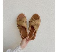 TOMDO Bohème Sandales Corde Plates Femme Été Confortable Tong Jaune en Paille Nu Pied Femmes Plage Piscine Élégant Espadrilles Tong Sandale Ado Fille Bande Croisée,Marron,US6/EU37