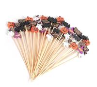 Tomedeks Lot de 100 piques à cocktail d'Halloween en bois avec fantômes, chauve-souris, araignées, citrouille, décorations de table d'Halloween, apéritif fruits canape pour amuse-gueule, décorations