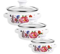 TOMETURE Marmites à Fond Plat Émaillées Lot de 3 Poignées Doubles, Pots Empilables Adaptés pour Cuisson de Soupes et Pâtes Instantanées Cuisine Domestique