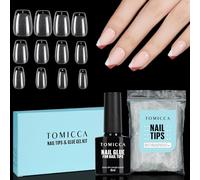 TOMICCA Ballerina Court Capsules Ongles & 4 en 1 Colle Faux Ongles Kit, Transparent Couverture Capsule Americaine Ongle pour Diy Nail Art, 150 Pièces 15 Tailles