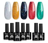 TOMICCA Vernis Semi Permanent, 5 Couleurs Vernis à Ongles Avec Base Coat &Top Coat No Wipe, Pailleté Vert Rouge Gold Noir Argent Gel UV Semi Permanent Soak Off Nail Art Kit, 7 x 8ml