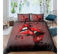 Tomifine Amour Housse de Couette Mr et Mrs Couple Parure de Lit Lèvres Rouge avec Fermeture Éclair et 2 Taies d'oreiller 65x65cm Douce et Confortable Microfibre (200x200 cm,Rouge)