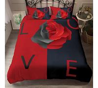 Tomifine Love Housse de Couette Rose Flower Parure de lit Microfibre Housse de Couette Romantique Noir et Blanc avec 2 taies d'oreiller 65x65cm (220x240 cm,Noir Rouge)