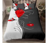 Tomifine Love Housse de Couette Rose Flower Parure de lit Microfibre Housse de Couette Romantique Noir et Blanc avec 2 taies d'oreiller 65x65cm (220x240 cm,Rouge Noir)