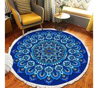 Tomifine Tapis Rond en Coton avec Franges Mandala, Bohème Salon Tissé Tapis Antiderapant avec Glands, Doux Tapis de Sol d'entrée pour Chambre à Coucher, Couloir (60 cm,Bleu)