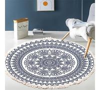 Tomifine Tapis Rond en Coton Tressé Bohème Tapis avec Franges Mandala Motif Antidérapant Tapis Décoration du Sol pour Chambre à Coucher, Couloir, Salon (100 cm,Bleu)