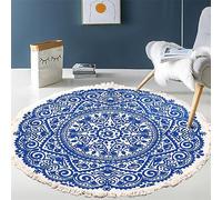Tomifine Tapis Rond en Coton Tressé Bohème Tapis avec Franges Mandala Motif Antidérapant Tapis Décoration du Sol pour Chambre à Coucher, Couloir, Salon (100 cm,Bleu 2)