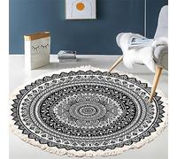 Tomifine Tapis Rond en Coton Tressé Bohème Tapis avec Franges Mandala Motif Antidérapant Tapis Décoration du Sol pour Chambre à Coucher, Couloir, Salon (150 cm,Noir 2)