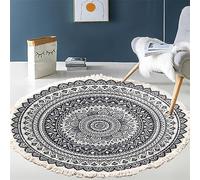 Tomifine Tapis Rond en Coton Tressé Bohème Tapis avec Franges Mandala Motif Antidérapant Tapis Décoration du Sol pour Chambre à Coucher, Couloir, Salon (150 cm,Bleu Noir)
