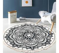 Tomifine Tapis Rond en Coton Tressé Bohème Tapis avec Franges Mandala Motif Antidérapant Tapis Décoration du Sol pour Chambre à Coucher, Couloir, Salon (120 cm,Noir)