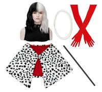 TOMIGO Perruque Courte Noire et Blanche 6 Pièces avec Faux Châle, Gants Rouges, Support de Costume, Collier de Perles et Bonnet de Perruque