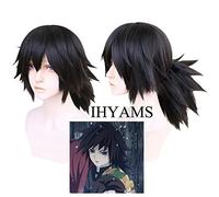 Tomioka Giyuu Cosplay perruque lame de démon Slayer Kimetsu no Yaiba Halloween Anime court gros cheveux synthétiques cheveux noir