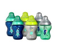 Tommee Tippee Biberons Closer To Nature, 260 ml, Valve Anti-Colique, Tétine Souple, Lot de 6, Bleus Et Décorés
