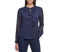 Tommy Hilfiger Long Sleeve Ruffle V-Neck Blouse, Minuit/Excursion, Couleur Unie (Midnight/Getaway Solids), M Femme