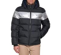 Tommy Hilfiger Down Alternative Hooded Puffer Jacket (Standard and Big & Tall) Manteau Duvet, Rayures Noires et argentées, S Homme