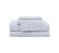 Tommy Hilfiger - Draps de lit pour Grand lit, Parure de lit en Percale de Coton Gracieux et Frais avec taies d'oreiller Assorties, Ensemble de lit léger, certifié Oeko-Tex (Voile rayé Bleu)