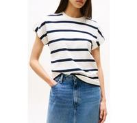 Tommy Hilfiger T-Shirt Manches Courtes Femme Gold Button avec Col Ras-du-Cou, Multicolore (Ivory Silk/Dark Night Navy STP), M