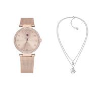 Tommy Hilfiger Montre Analogique à Quartz pour Femme avec Bracelet milanais en Acier Inoxydable Couleur Or Rose - 1782508 + Jewelry Collier pour Femme en Acier inoxidable avec Cristaux - 2780067