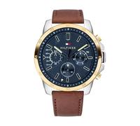 Tommy Hilfiger Montre Analogue Multifonction Quartz pour Hommes 48 mm - Cadran Bleu Semi-Brillant, Bracelet en Cuir Marron Clair, 3 sous-Cadrans, Résistante à l'eau 5ATM - 1791561