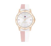 Tommy Hilfiger Montre Fille Cadran Argenté, Bracelet Silicone Blanc et Rose, Boîtier Doré Rose 32mm, Quartz, Étanche