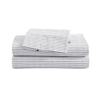 Tommy Hilfiger - Parure de lit, literie en Percale de Coton avec taies d'oreiller Assorties, Gracieuse et fraîche, de qualité supérieure (Monogramme rayé, Bleu Marine, lit Simple XL)