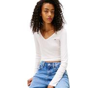 Tommy Jeans T-Shirt Manches Longues Femme Slim Fit Essential V-Neck Col en V, Blanc (Ecru), L