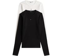 Tommy Jeans T-Shirts Manches Longues Lot de 2 Femme Slim Essential Rib Col Ras-du-Cou, Multicolore (Black/Ecru), S