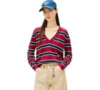 Tommy Jeans Tjw Essential EXT Dw0dw19888 Pull à col V pour Femme, Rouge (Cerise lavise/Rayures Multiples), L, Rouge (Lavish Cerise/Multi Stripe), L