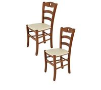 Tommychairs - Set 2 chaises CUORE pour cuisine, bar et salle à manger, robuste structure en bois de hêtre peindré en noyer clair et assise rembourrée et revêtue en cuir artificiel couleur ivoire