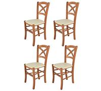 Tommychairs - Set 4 chaises CROSS pour cuisine, bar et salle à manger, robuste structure en bois de hêtre peindré en couleur cerisier et assise rembourrée et revêtue en cuir artificiel couleur ivoire