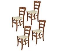 Tommychairs - Set 4 chaises CUORE pour cuisine, bar et salle à manger, robuste structure en bois de hêtre peindré en noyer clair et assise rembourrée et revêtue en cuir artificiel couleur ivoire