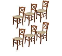 Tommychairs - Set 6 chaises CROSS pour cuisine, bar et salle à manger, robuste structure en bois de hêtre peindré en couleur noyer clair et assise rembourrée et revêtue en tissu couleur chanvre