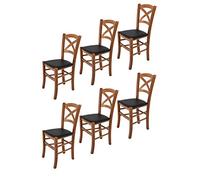 Tommychairs - Set 6 chaises CROSS pour cuisine, bar et salle à manger, robuste structure en bois de hêtre peindré en couleur noyer clair et assise rembourrée et revêtue en cuir artificiel couleur noir