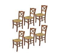 Tommychairs - Set 6 chaises cuisine CROSS, robuste structure en bois de hêtre peindré en couleur noyer clair et assise en paille