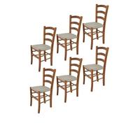 Tommychairs - Set 6 chaises cuisine VENICE, structure en bois de hêtre peindré en noyer clair et assise en tissu couleur chamois