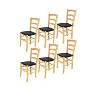 Tommychairs - Set 6 chaises VENICE pour cuisine, bar et salle à manger, robuste structure en bois de hêtre peindré en couleur naturelle et assise rembourrée et revêtue en cuir artificiel couleur noir
