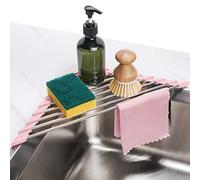 Tomorotec Égouttoir à vaisselle triangulaire pliable en acier inoxydable pour évier de cuisine, organiseur multifonction antirouille (rose)
