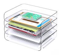 Tomorotec Lot de 4 corbeilles à courrier de Bureau empilables Transparentes en Pet - Format A4 - Organiseur de Documents de Bureau - Support de Rangement pour Livres - Charge latérale antidérapante -