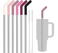 Tomorotec Lot de 6 pailles en acier inoxydable avec pointes en silicone, compatibles avec Stanley Tumbler Stanley de 40 oz, pailles réutilisables de 30 cm, avec rallonges colorées et 2 brosses Rose