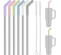 Tomorotec Lot de 6 pailles en acier inoxydable de 33 cm avec embout d'extension en silicone pour gobelet Stanley Adventure Quencher avec 2 brosses, pailles de 0,9 cm de diamètre, de qualité