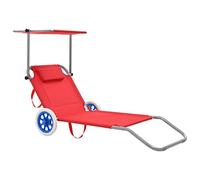 Tomostar Chaise Longue de Jardin, Bain de Soleil Pliante Transat de Plage avec auvent et Roues Acier Rouge
