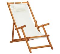 Tomostar Chaise Longue Pliante en Bois, Bain de Soleil Transat Chilienne Bois d'eucalyptus Solide et Tissu Crème