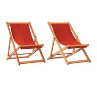 Tomostar Lot de 2 Chaises Longue Pliante en Bois, Bain de Soleil Transat Chilienne Rouge Tissu