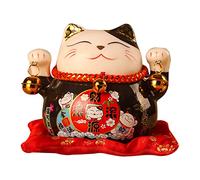 Tomotato Chat Porte Bonheur Tirelire, 11.5cm Maneki Neko Tirelire Japonais en Céramique avec Cloche Porte Bonheur, Feng Shui Lucky Cat Figurine Décor pour Bureau Affaires Décoration(G)