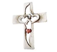 Tomotato Croix en Bois Sculptée, 17x23 cm Croix de Cœurs Entrelacés en Bois, Croix en Bois Sculptée à Main à Suspendre Au Mur pour Maison Salon Chambre à Coucher